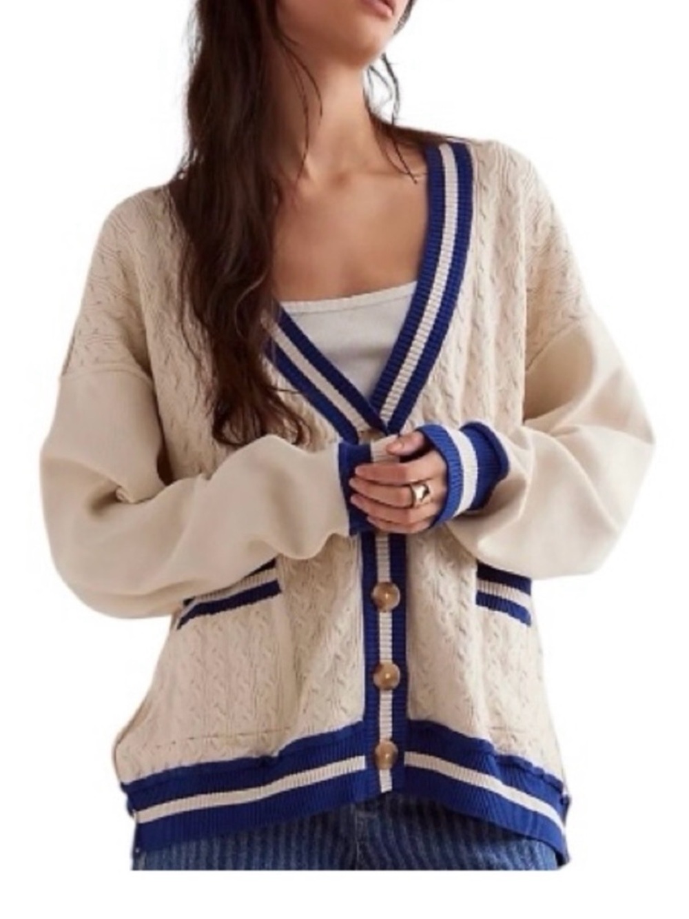 Free People White Cable Knit Cardigan with Navy Trim
